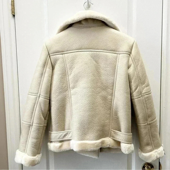 Topshop Cora Faux Shearling Moto Aviator Biker Jacket Cream Ecru Size 4 NWOT - Picture 4 of 16